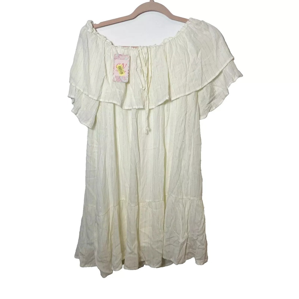 NEW Chelsea & Violet Off The Shoulder Striped Mini Dress Womens S Ivory Ruffle‎